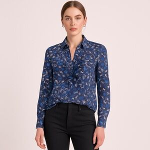MICHAEL Michael Kors Navy Floral Ruffle Button Blouse Size Medium